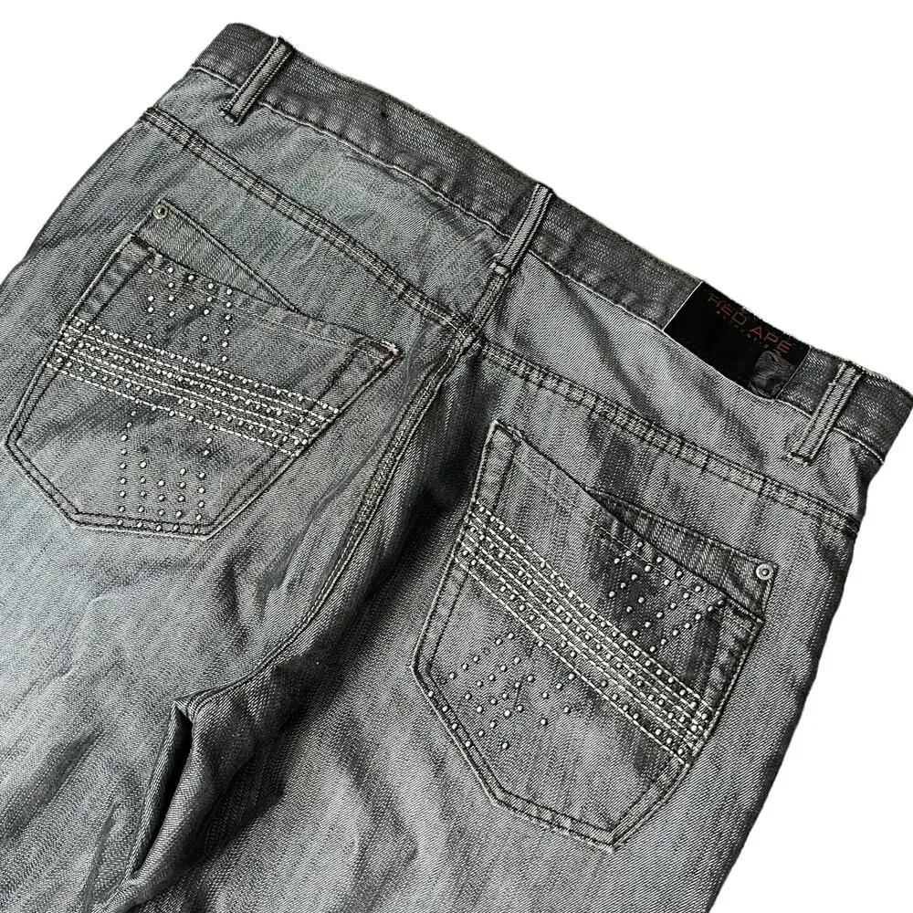 Cyber Y2K Gray 00s Jeans Stuudded Pocket Red Ape Cyber Grunge Size 38